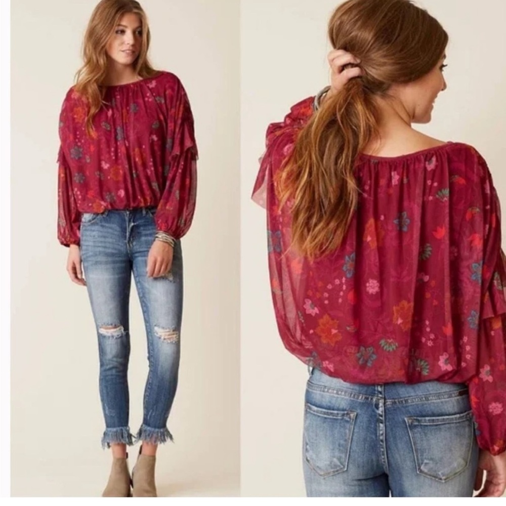 Free People Red Berry Wildflower Honey Long Sleeve Flowy Boho Top Size S